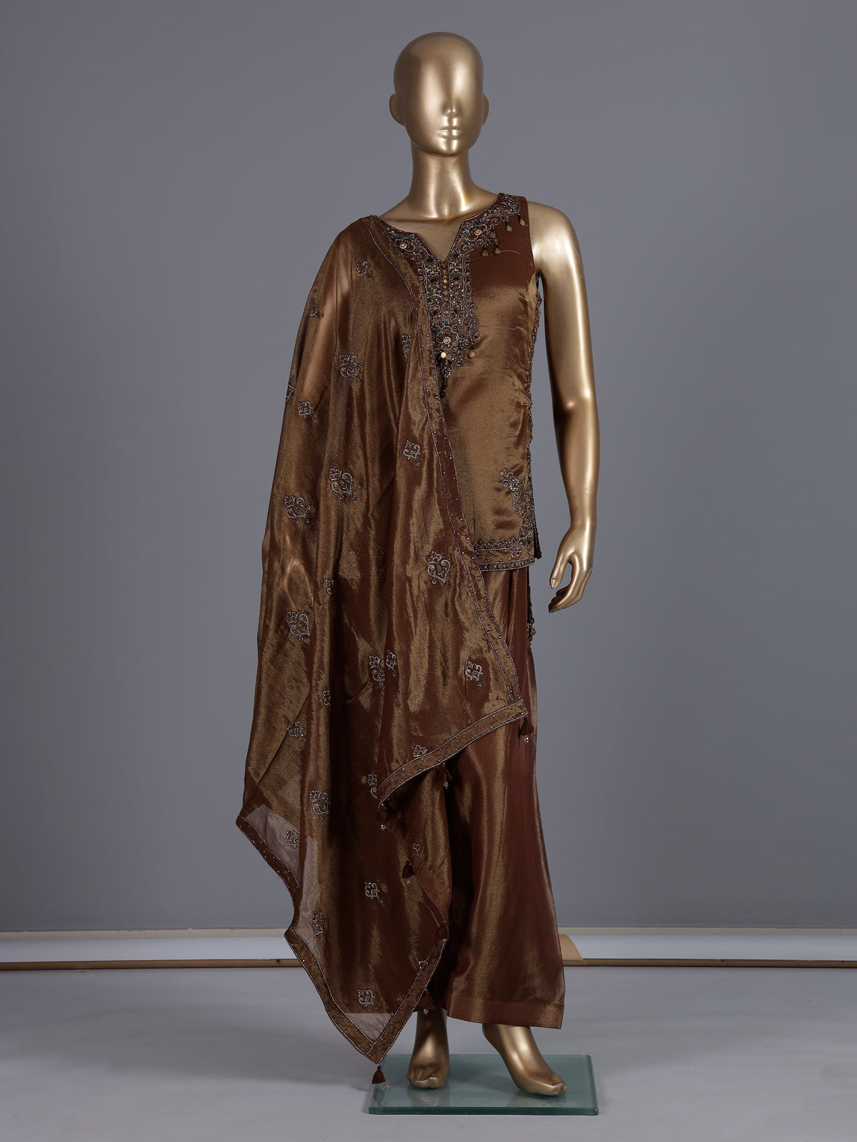 Brown embroidered art silk palazzo suit for women