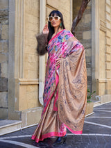 Beige artistic digital printed satin crepe saree design