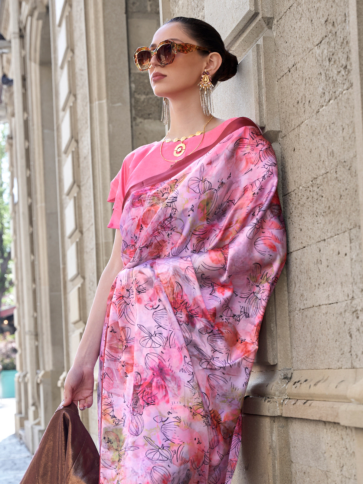 Lavender digital printed satin crepe festive saree elegance
