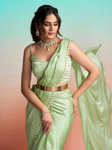 Light green designer ready to wear saree with jacket