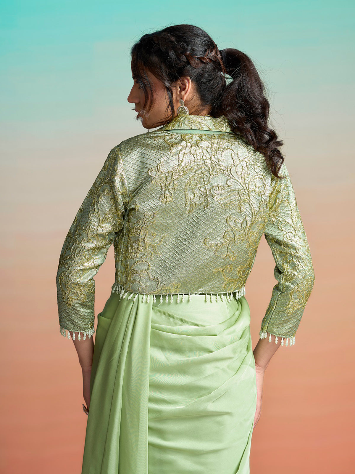 Light green designer ready to wear saree with jacket
