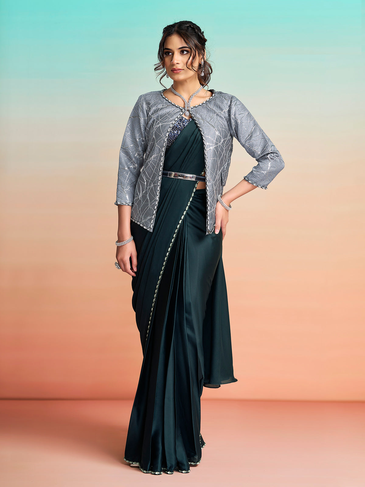 Slate blue designer ready to wear saree with jacket