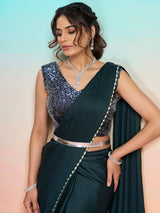 Slate blue designer ready to wear saree with jacket