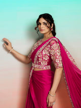 Rani pink embellished ready to wear saree with belt