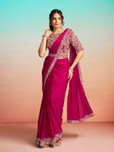 Rani pink embellished ready to wear saree with belt