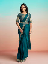 Teal green embellished ready to wear saree with koti