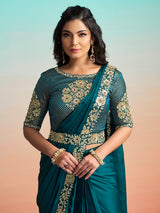 Teal green embellished ready to wear saree with koti