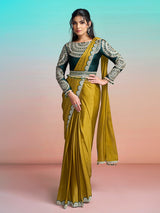 Olive embroidered ready to wear saree with designer belt