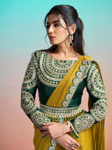 Olive embroidered ready to wear saree with designer belt