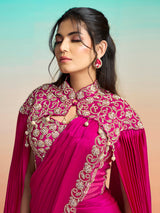 Magenta pink satin silk ready to wear saree with cape