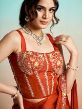 Rust orange designer ready to wear saree with jacket