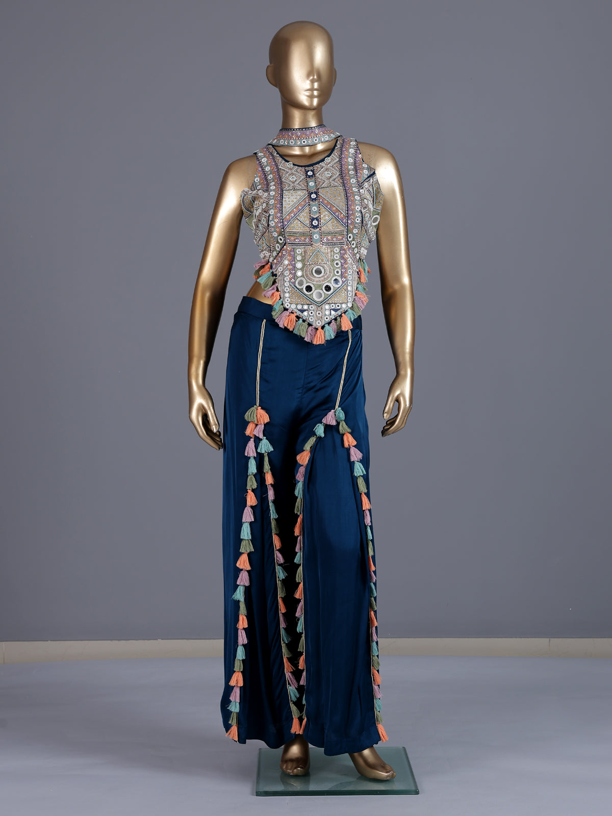 Navy blue satin silk indo western palazzo suit