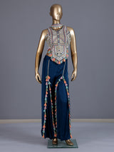 Navy blue satin silk indo western palazzo suit