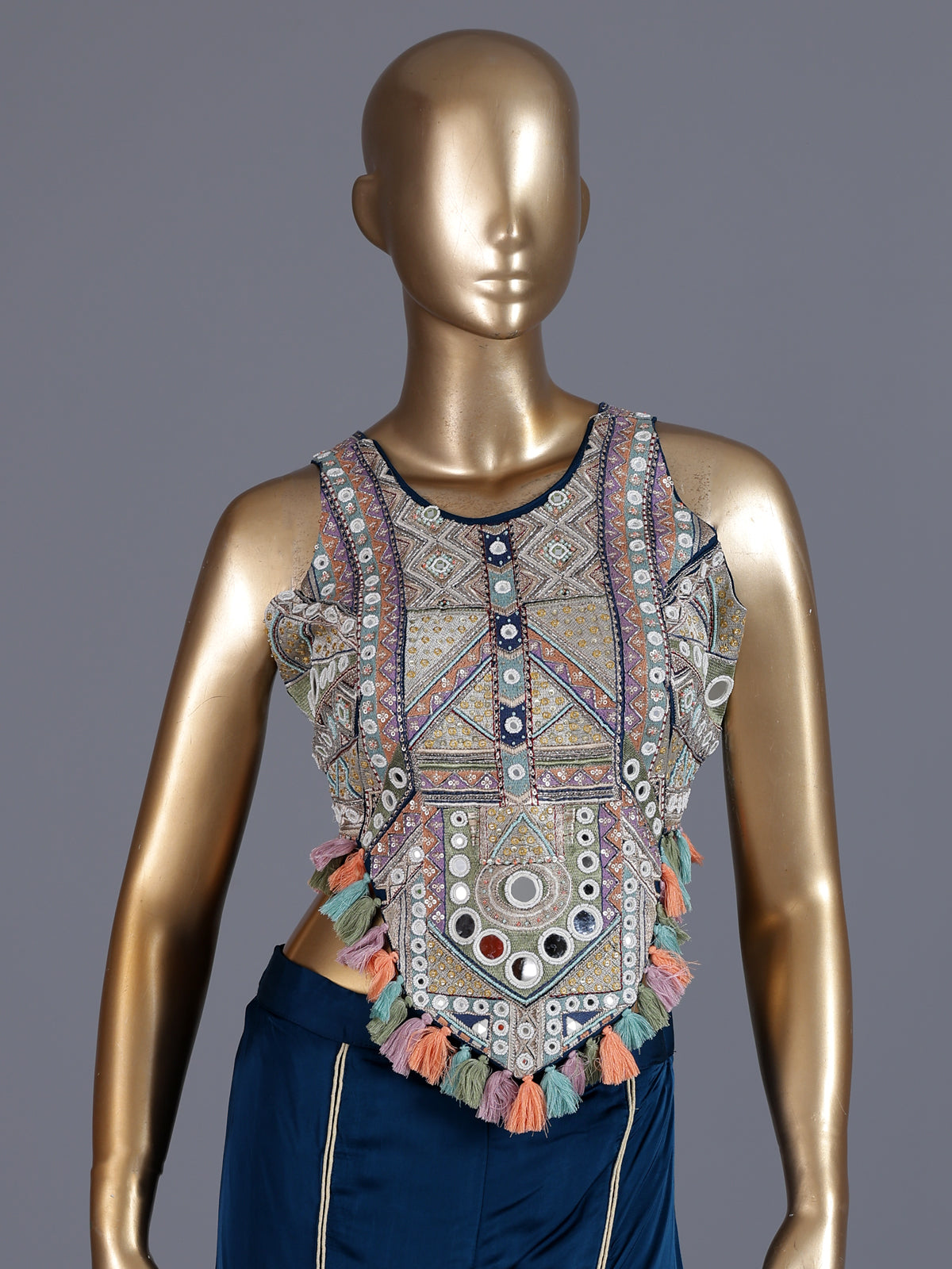 Navy blue satin silk indo western palazzo suit