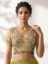 Yellow chinon silk haldi lehenga choli with choker