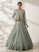 Sea green jacket style taffeta silk lehenga choli