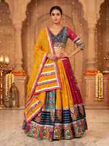 Yellow embroidered silk georgette festive lehenga choli