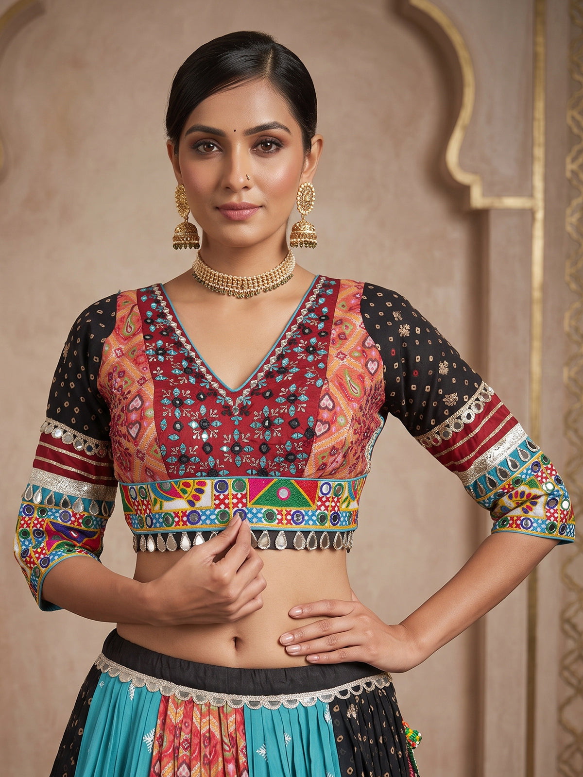 Blue printed silk georgette navratri lehenga choli