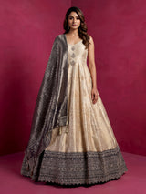 Ivory silk sleeveless anarkali salwar suit with elegant dupatta