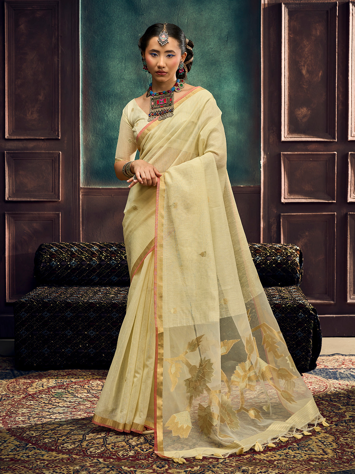 Cream luxury munga silk occasion wear saree