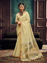 Cream luxury munga silk occasion wear saree