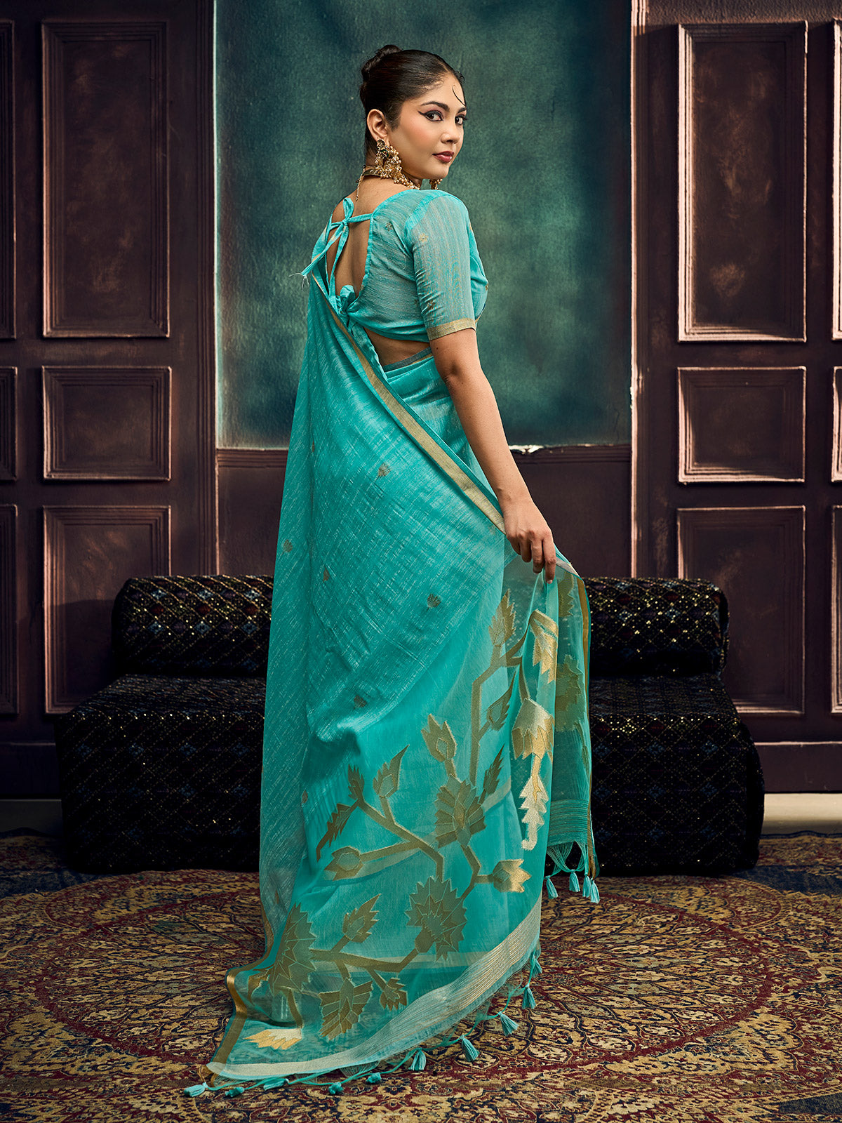 Sky blue traditional munga silk festive drape