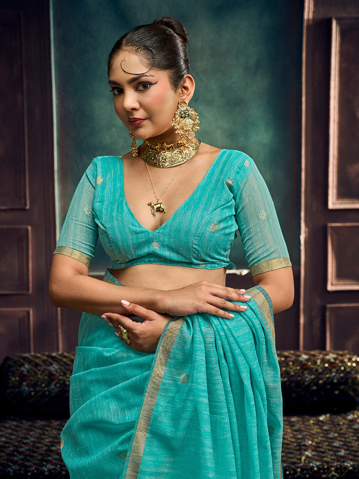 Sky blue traditional munga silk festive drape
