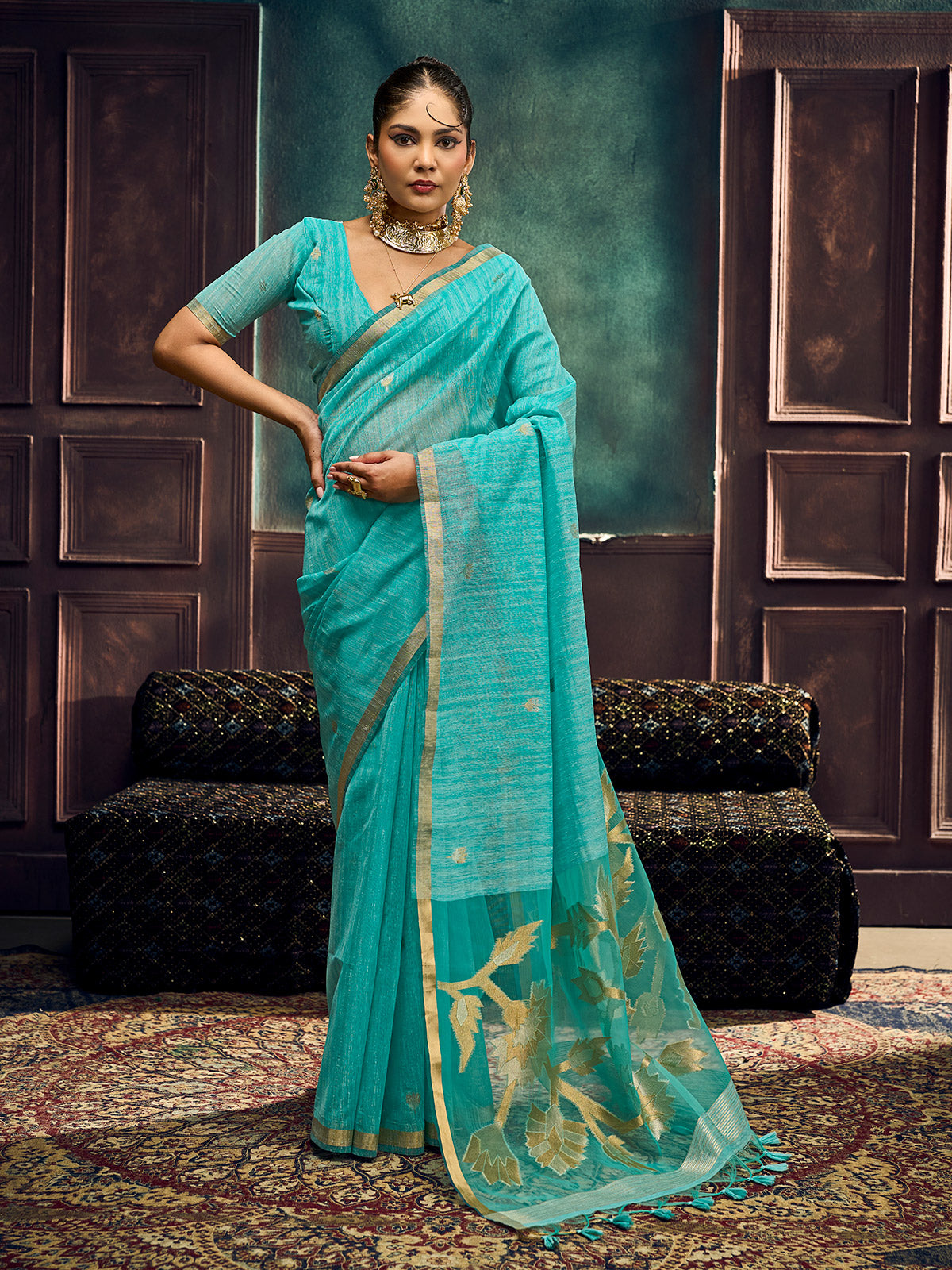Sky blue traditional munga silk festive drape