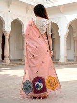 Peach designer printed cotton blend festive saree with zari accents