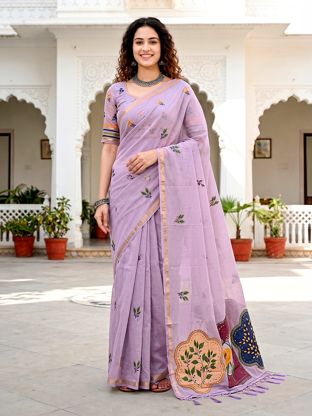 Lavender floral printed cotton saree with designer patch detailing