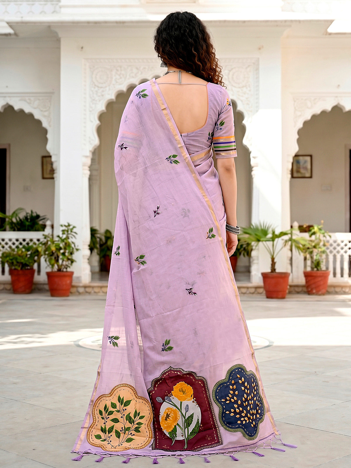 Lavender floral printed cotton saree with designer patch detailing