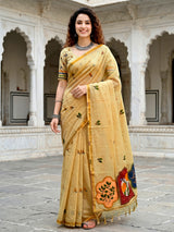 Yellow festive cotton blend saree with artistic patch work