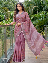 Onion pink elegant linen saree with handcrafted kashmiri embroidery