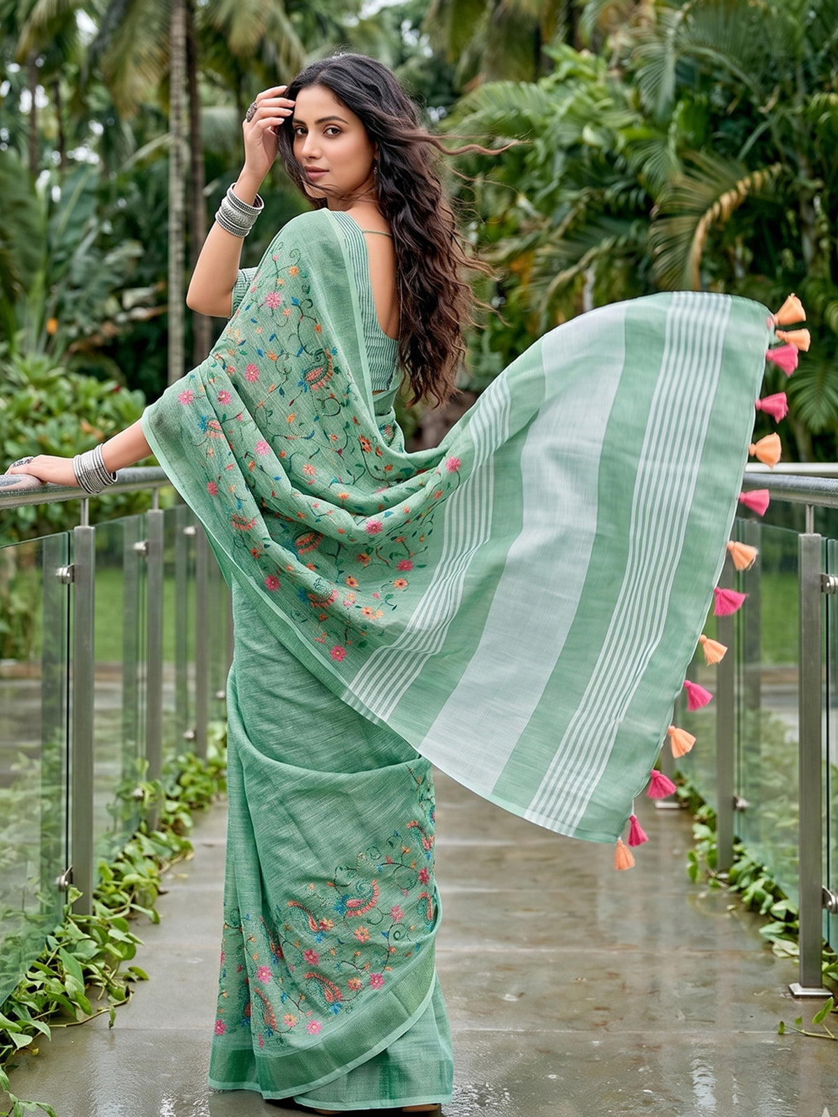 Mint green designer linen saree with kashmiri floral embroidery