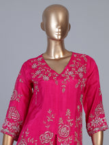 Rani pink embroidered cotton silk sharara suit with organza dupatta