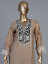 Beige embroidered cotton silk pant suit with festive dupatta
