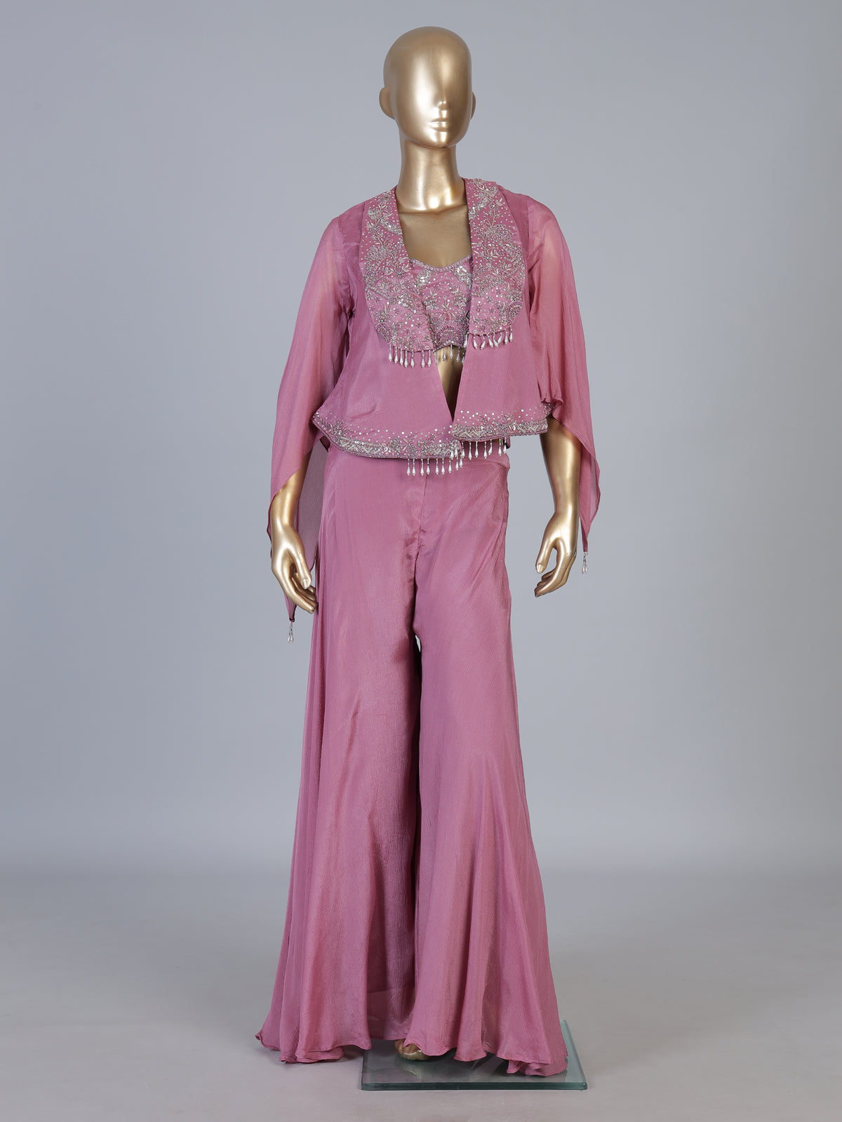 Pink organza silk Indo-Western sharara suit with cape jacket