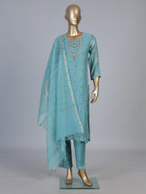Blue festive cotton silk straight salwar suit with embroidered dupatta