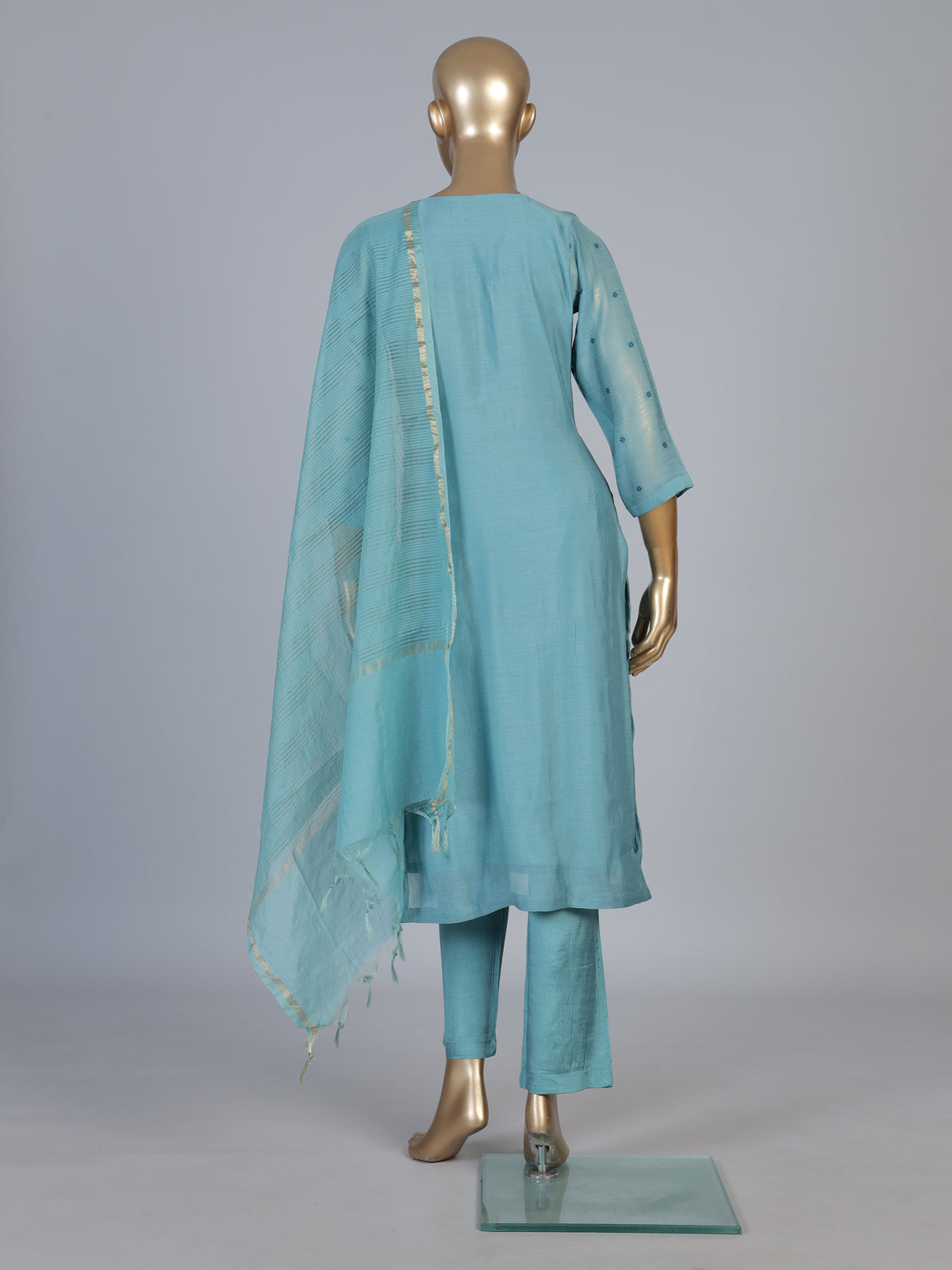 Blue festive cotton silk straight salwar suit with embroidered dupatta