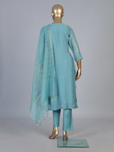Blue festive cotton silk straight salwar suit with embroidered dupatta