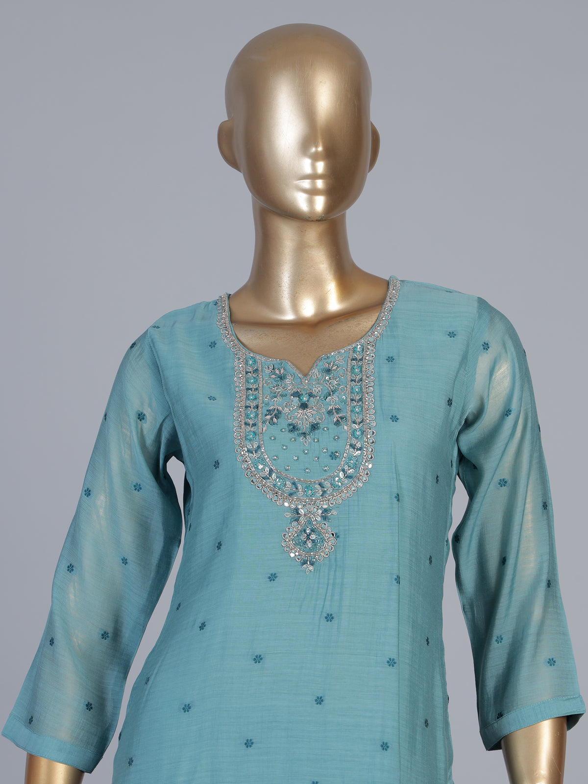 Blue festive cotton silk straight salwar suit with embroidered dupatta