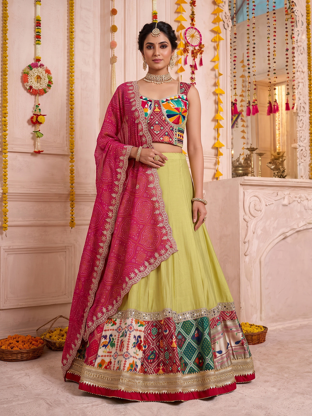 Yellow satin silk lehenga choli with dupatta