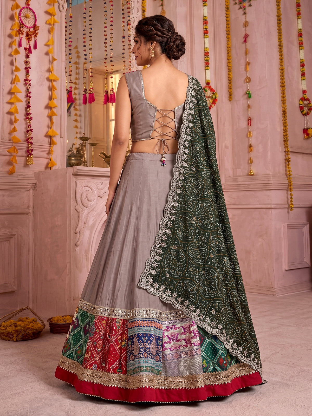 Beige satin silk embroidered navratri chaniya choli