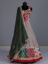 Beige satin silk embroidered navratri chaniya choli