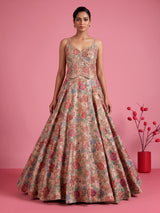 Beige printed crepe silk lehenga choli with dupatta