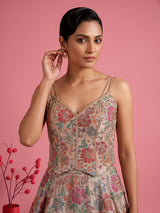 Beige printed crepe silk lehenga choli with dupatta