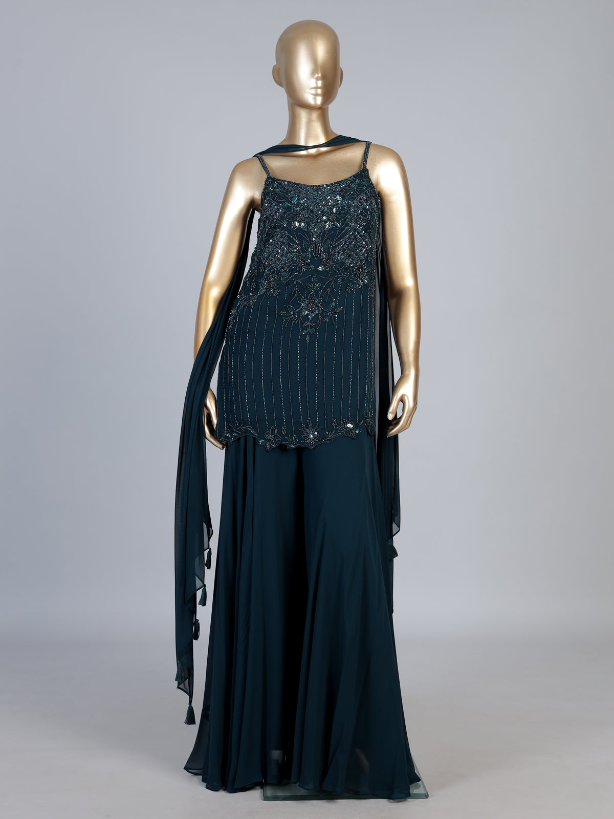 Teal blue georgette silk palazzo suit with choker dupatta