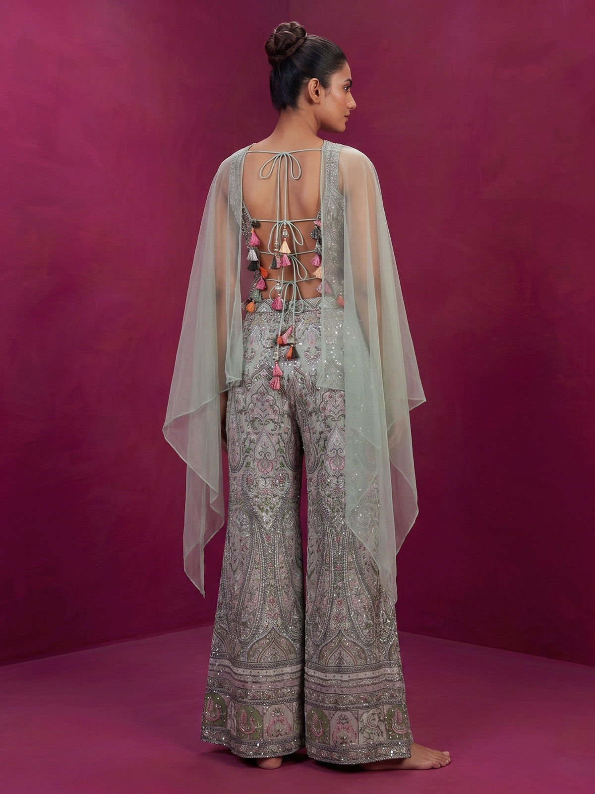Pista green chiffon silk palazzo suit with choker dupatta