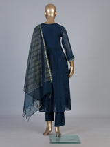 Navy blue cotton silk festive pant suit with elegant embroidery