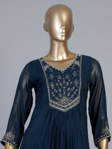Navy blue cotton silk festive pant suit with elegant embroidery